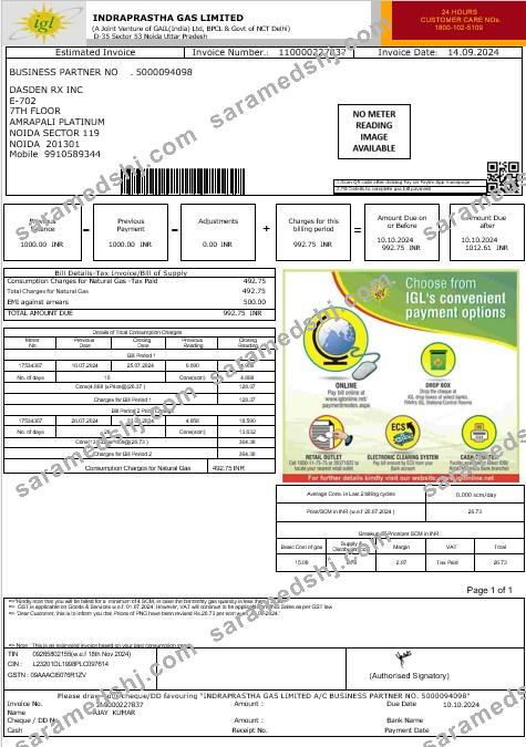 India IGL business utility bill Word and PDF template
